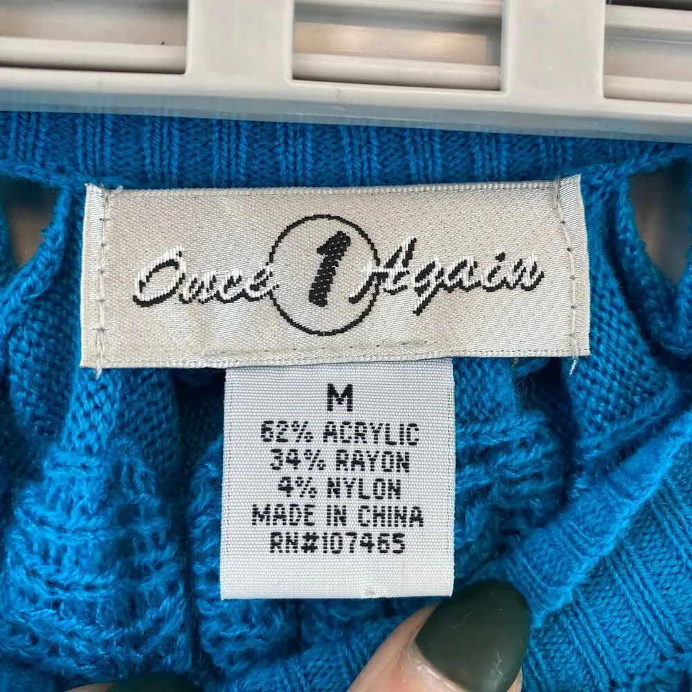 VTG Once Again Blue Honeycomb Knit Cropped Poncho-Style Sweater Top Size Medium - Picture 7 of 10